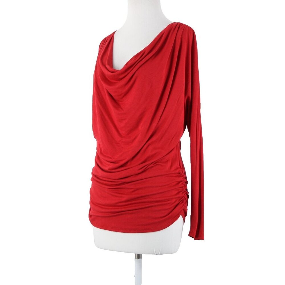Fuego Too Sz L Red Ruched Side Long Sleeve Scoop Neck Rayon Spandex AS IS Top
